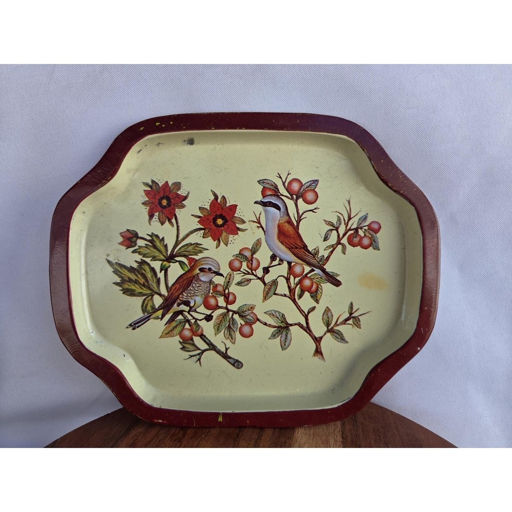 Vintage Small Tin Tray Birds Flowers Red Rim Trinket Catchall Vanity Metal Dish